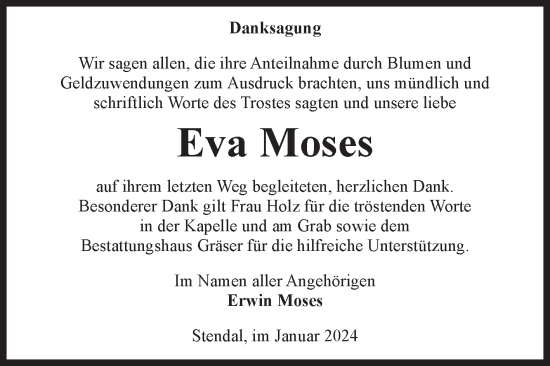 Traueranzeige von Eva Moses von Volksstimme Altmark Ost