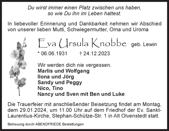 Traueranzeige von Eva Ursula Knobbe von Volksstimme Magdeburg