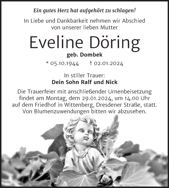 Traueranzeige von Eveline Döring von Trauerkombi Wittenberg