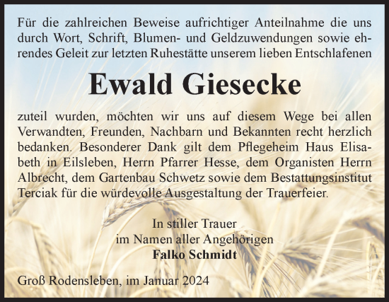 Traueranzeige von Ewald Giesecke von Volksstimme Oschersleben/Wanzleben