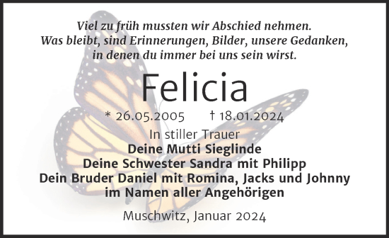 Traueranzeige von Felicia  von Wochenspiegel Weißenfels