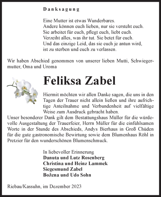 Traueranzeige von Feliksa Zabel von Volksstimme Altmark West