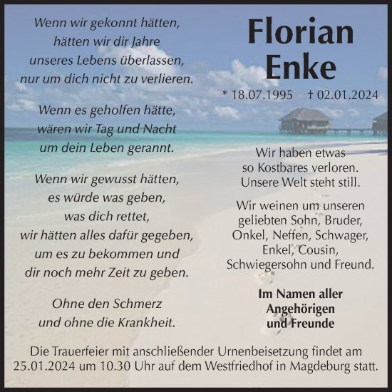 Traueranzeige von Florian Enke von Volksstimme Magdeburg