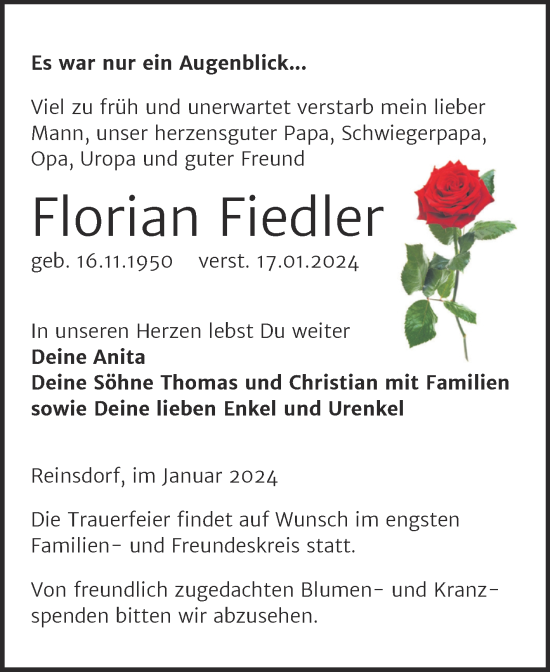 Traueranzeige von Florian Fiedler von Mitteldeutsche Zeitung Sangerhausen
