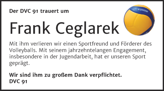 Traueranzeige von Frank Ceglarek von Mitteldeutsche Zeitung Dessau-Roßlau