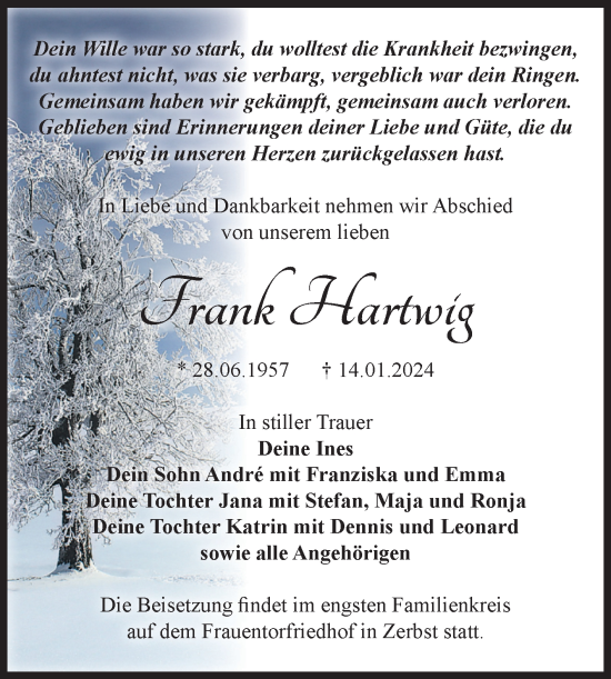 Traueranzeige von Frank Hartwig von Volksstimme Zerbst