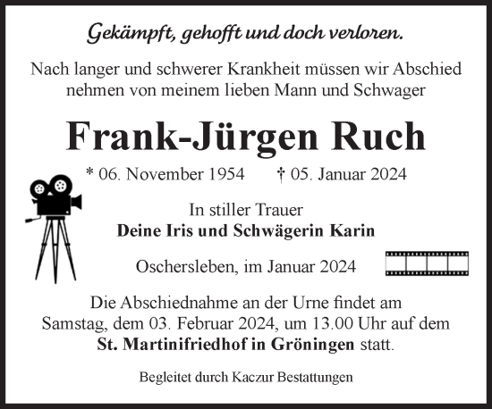 Traueranzeige von Frank-Jürgen Ruch von Volksstimme Oschersleben/Wanzleben