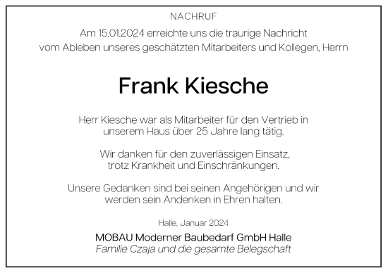 Traueranzeige von Frank Kiesche von Mitteldeutsche Zeitung Halle/Saalkreis