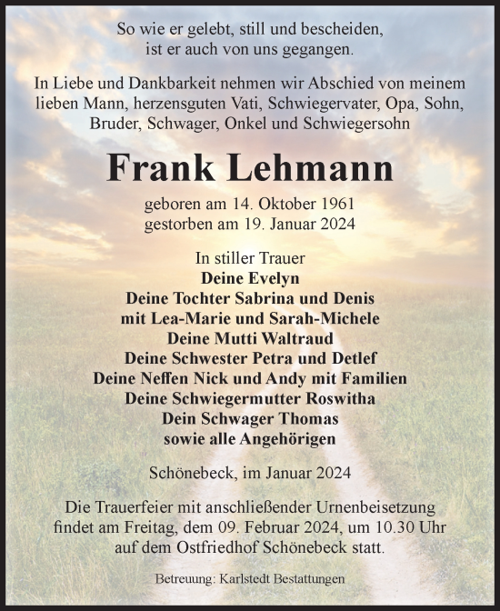 Traueranzeige von Frank Lehmann von Volksstimme Schönebeck