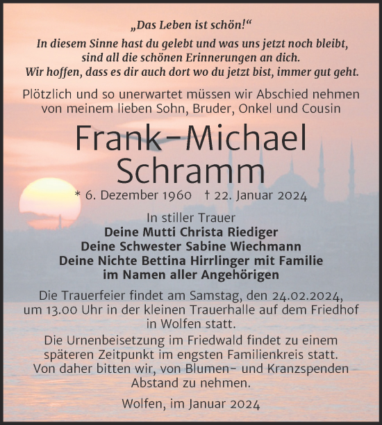 Traueranzeige von Frank-Michael Schramm von Trauerkombi Bitterfeld