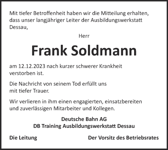 Traueranzeige von Frank Soldmann von Mitteldeutsche Zeitung Dessau-Roßlau