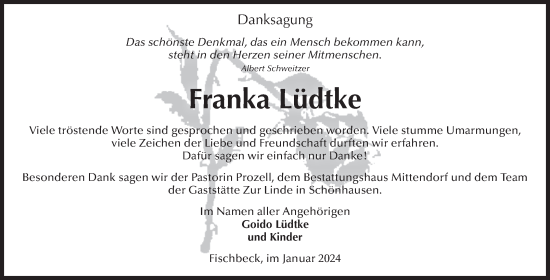 Traueranzeige von Franka Lüdtke von Volksstimme Altmark Ost