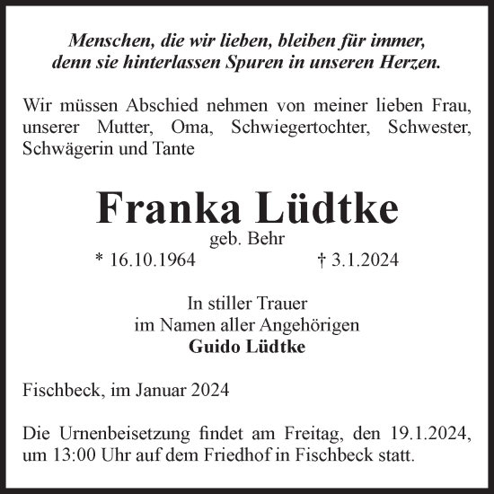 Traueranzeige von Franka Lüdtke von Volksstimme Altmark Ost