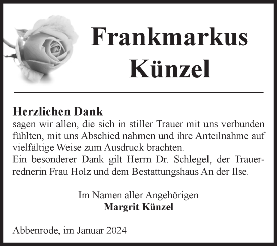 Traueranzeige von Frankmarkus Künzel von Volksstimme Wernigerode