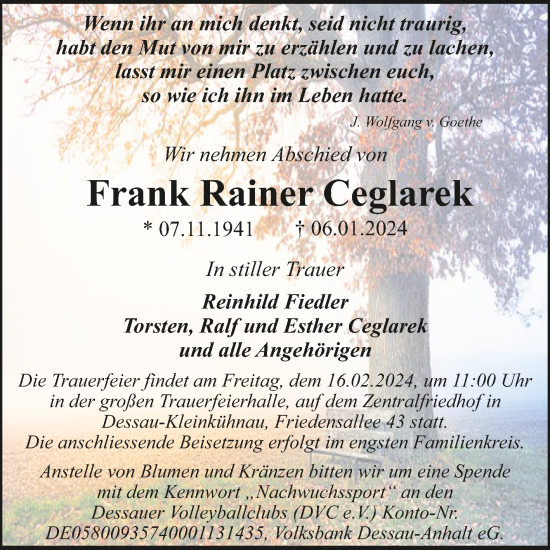 Traueranzeige von Frank Rainer Ceglarek von Trauerkombi Dessau