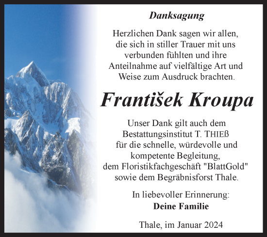Traueranzeige von Frantisek Kroupa von Super Sonntag Quedlingburg