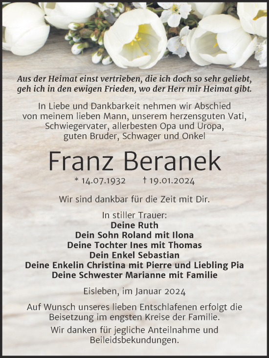 Traueranzeige von Franz Beranek von Trauerkombi Mansfelder Land