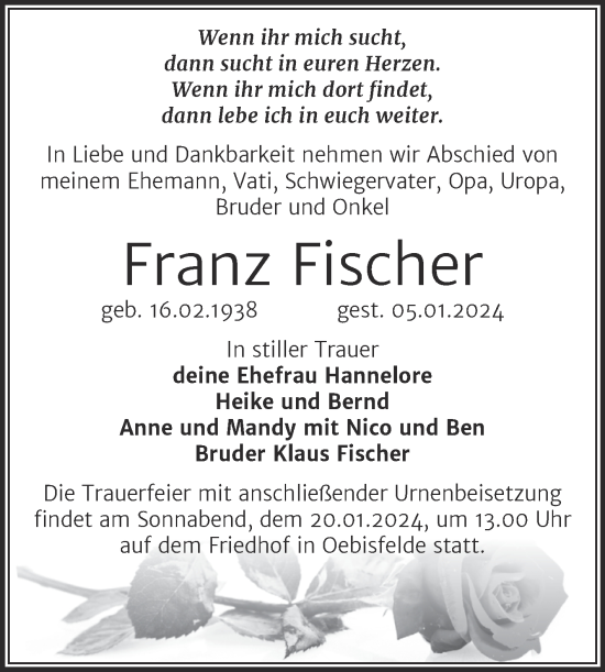 Traueranzeige von Franz Fischer von Trauerkombi Bitterfeld