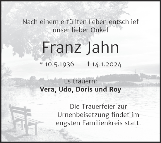 Traueranzeige von Franz Jahn von Trauerkombi Weißenfels