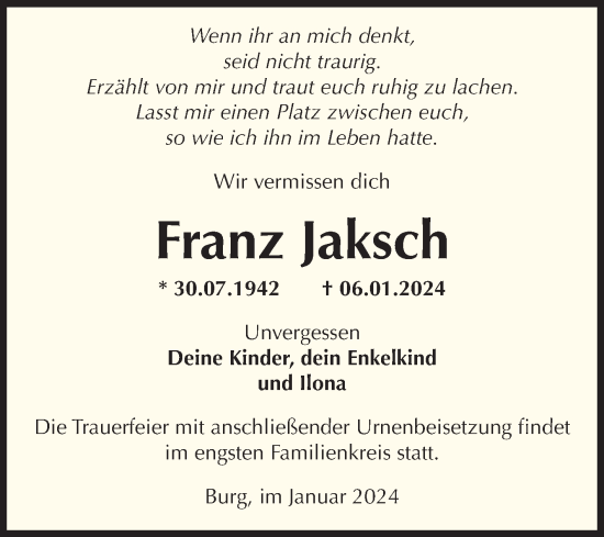 Traueranzeige von Franz Jaksch von Volksstimme Burg/Genthin
