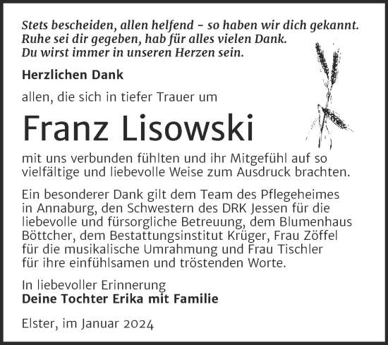 Traueranzeige von Franz Lisowski von Trauerkombi Wittenberg