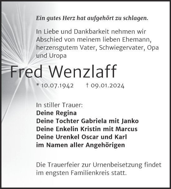 Traueranzeige von Fred Wenzlaff von Trauerkombi Weißenfels