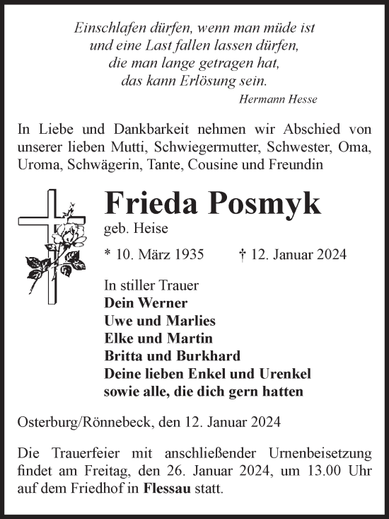 Traueranzeige von Frieda Posmyk von Volksstimme Altmark Ost