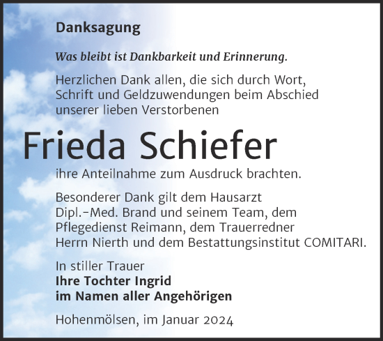 Traueranzeige von Frieda Schiefer von Trauerkombi Weißenfels