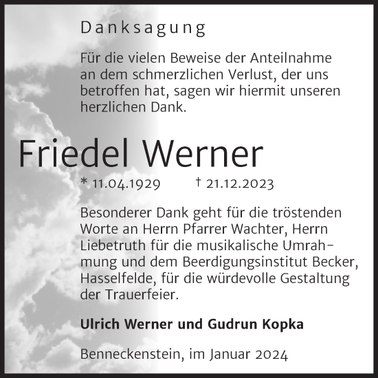 Traueranzeige von Friedel Werner von Volksstimme Wernigerode