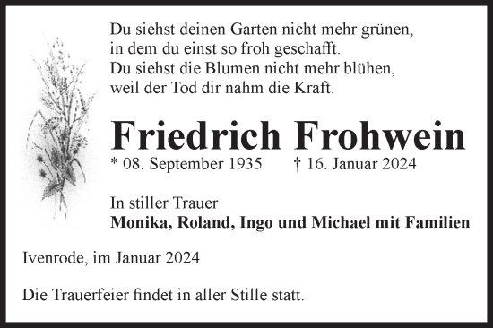 Traueranzeige von Friedrich Frohwein von Volksstimme Haldensleben/Wolmirstedt