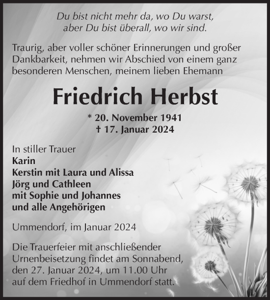 Traueranzeige von Friedrich Herbst von Volksstimme Oschersleben/Wanzleben