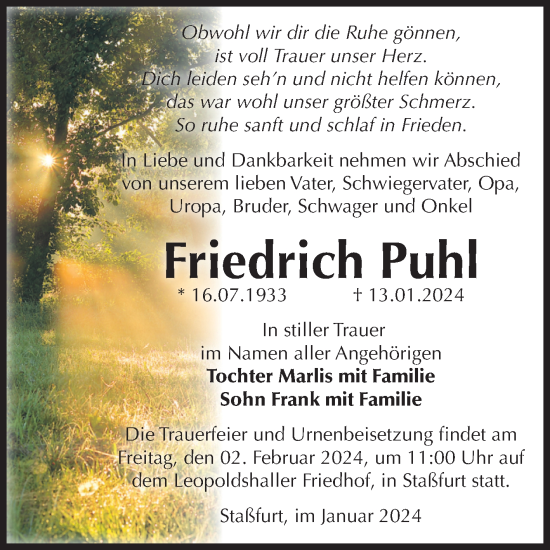 Traueranzeige von Friedrich Puhl von Volksstimme Staßfurt