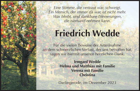 Traueranzeige von Friedrich Wedde von Volksstimme Wernigerode
