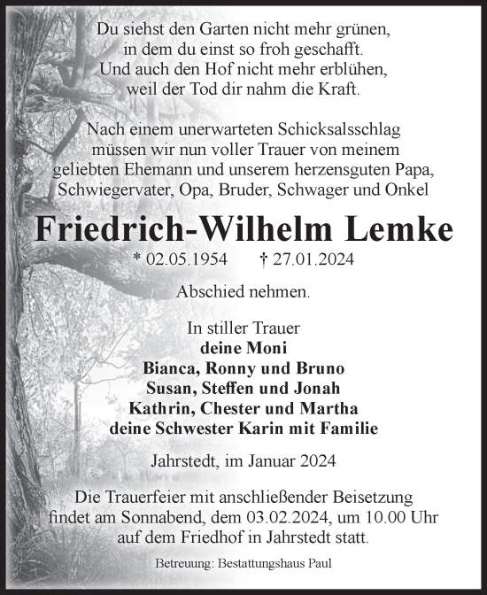 Traueranzeige von Friedrich-Wilhelm Lemke von Volksstimme Altmark West