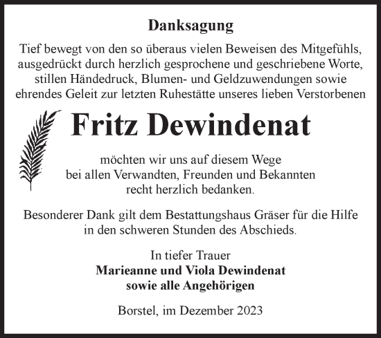 Traueranzeige von Fritz Dewindenat von Volksstimme Altmark Ost