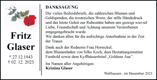 Traueranzeige von Fritz Glaser von Trauerkombi Sangerhausen