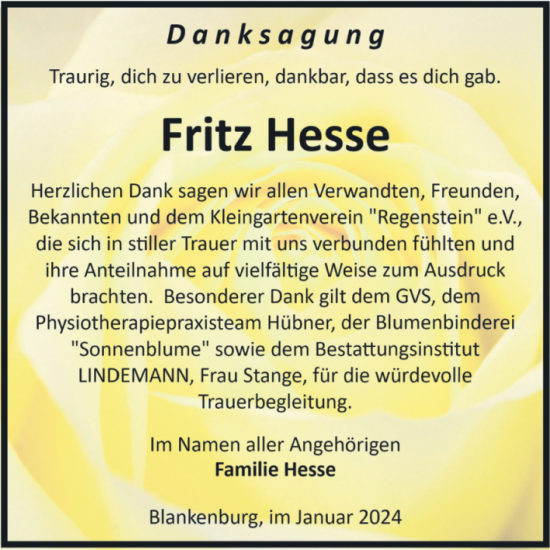Traueranzeige von Fritz Hesse von Volksstimme Wernigerode
