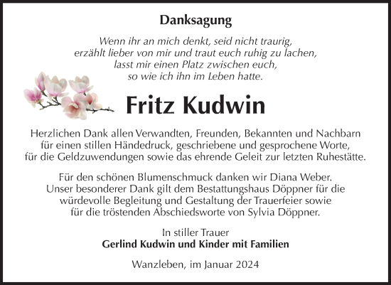 Traueranzeige von Fritz Kudwin von Volksstimme Oschersleben/Wanzleben