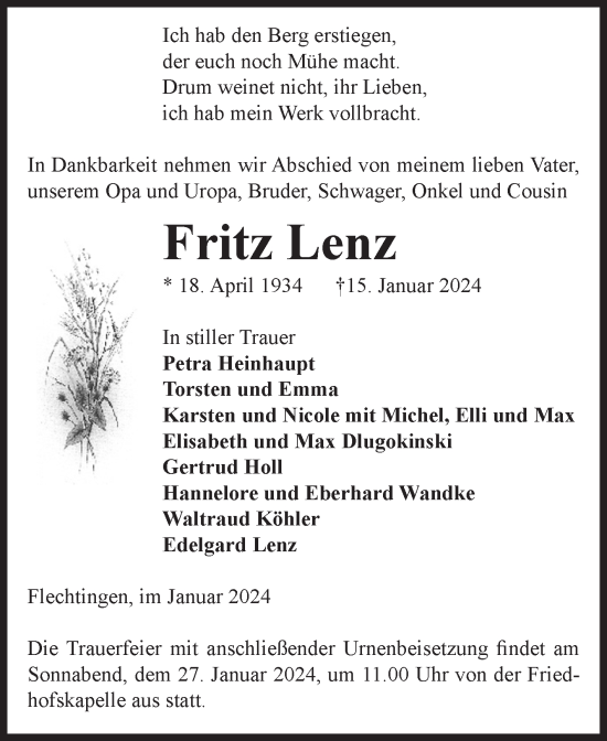 Traueranzeige von Fritz Lenz von Volksstimme Altmark West