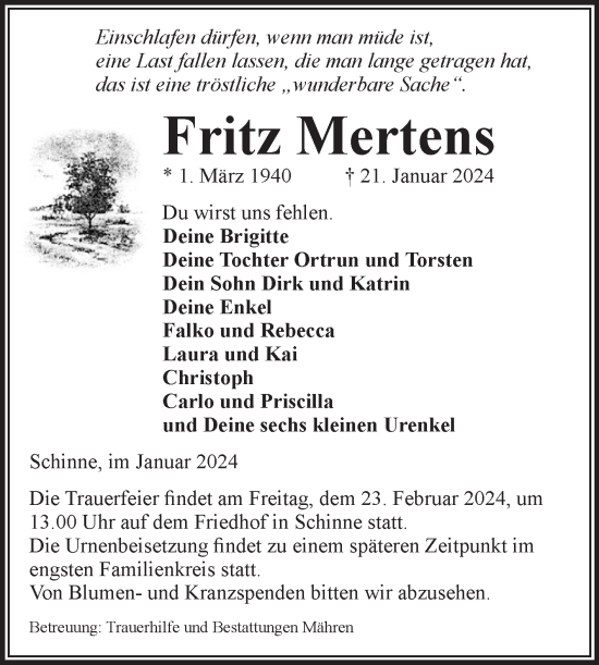 Traueranzeige von Fritz Mertens von Volksstimme Altmark Ost