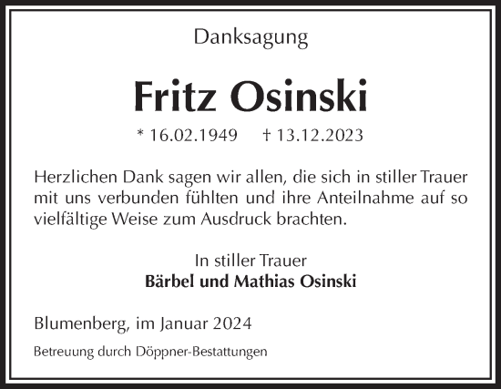 Traueranzeige von Fritz Osinski von Volksstimme Oschersleben/Wanzleben