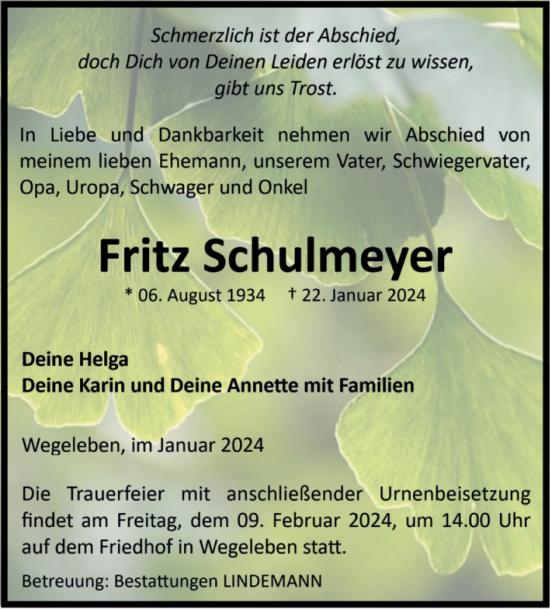 Traueranzeige von Fritz Schulmeyer von Volksstimme Halberstadt