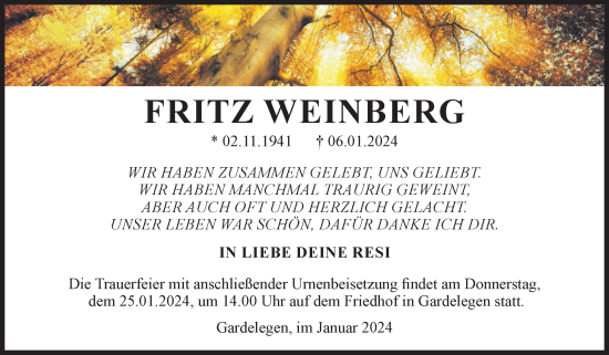 Traueranzeige von Fritz Weinberg von Volksstimme Altmark West