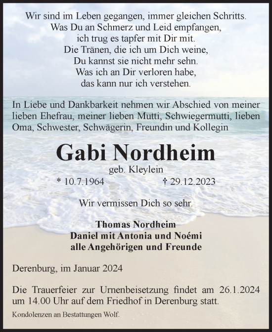 Traueranzeige von Gabi Nordheim von Volksstimme Wernigerode