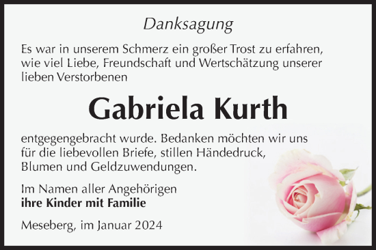 Traueranzeige von Gabriela Kurth von Volksstimme Altmark Ost