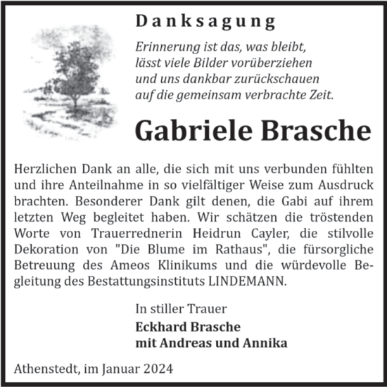 Traueranzeige von Gabriele Brasche von Volksstimme Halberstadt