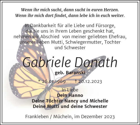 Traueranzeige von Gabriele Donath von Trauerkombi Merseburg