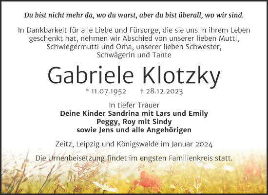 Traueranzeige von Gabriele Klotzky von Trauerkombi Zeitz