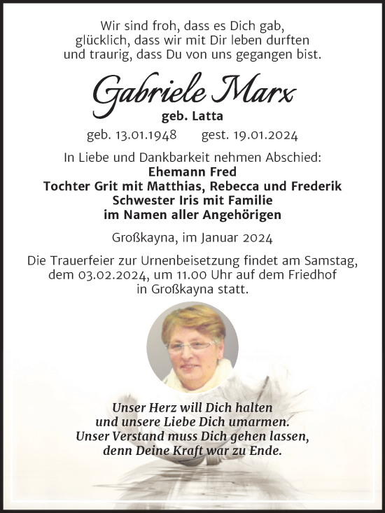 Traueranzeige von Gabriele Marx von Trauerkombi Merseburg