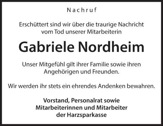 Traueranzeige von Gabriele Nordheim von Volksstimme Wernigerode